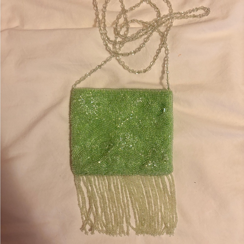 Moyna Lime Beaded Clutch with Fringe
